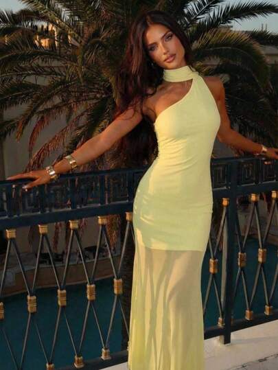 Aloruh Women's Elegant Backless Halter Neck Fitted Dress, Summer Concert Outfit Women Rave Outfits Festival Country Concert Outfit Ibiza Outfits Nashville Outfits Western Wear Women Western Boho Streetwear Tropical Gyaru,Summer Dresses For Women Yellow Dress One Shoulder Dresses For Women Yellow Wedding Guest Dress Women Yellow Prom Dress