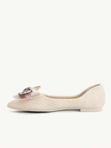 CUCCOO CHICEST Pointed Flat Bottom Comfortable And Fashionable Versatile Fairy Rhinestone Bow Soft Sole Beige Low Vamp Flat Shoes - Beige - View 11