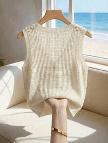 SHEIN Holidaya Women's Off-White Openwork Knit Sleeveless V-Neck Vest,Button Front,Gradient Mesh Texture,Retro Preppy Charm,Summer Casual Vacation Holiday Outfit - Beige - View 2
