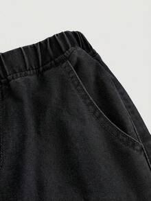 SHEIN Nova Glow 青少年女孩春夏休閒街頭時尚素色V領無袖背心上衣與寬鬆直筒牛仔褲兩件套，夏季海灘波西米亞度假短褲，夏季音樂會節慶休閒電音派對穿搭，女孩夏季早午餐畢業穿搭 - 黑色 - 查看 5