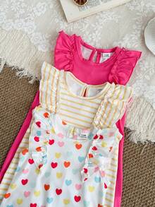 SHEIN Playful Pals 3件套女婴碎花荷叶袖连体衣套装，夏季休闲舒适可爱连体裤套装，适合外出穿着 - 彩色 - 查看 7