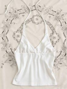 女士纯色褶皱挂脖系带吊带背心，适合度假和约会等各种场合 - 白色 - 查看 2