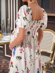 Momance Women's Floral Print Midi Maternity Dress,White,Summer,Baby Shower,Holiday,Square Neck Puff Sleeve Shirred Waist A-Line Casual Pregnancy Photoshoot - Multicolor - View 7