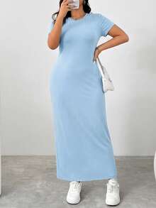 SHEIN EZwear Plus Size Solid Color Round Neck Fitted Summer Short Sleeve Dress, Blue - Blue - View 5