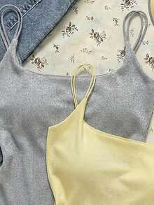Attitoon 2pcs/Set Women's Casual Minimalist Camisole, Light Gray & Light Yellow, Suitable For Summer,Summer Top - Multicolor - View 3
