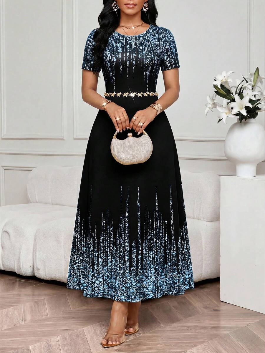 SHEIN Lady 女士亮面印花圆领短袖优雅连衣裙 - 彩色 - 查看 1