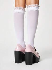 ROMWE Kawaii Giày Rock Punk Gothic tối màu với một khóa cài và gót kim loại dày, giày lười cổ thấp, giày công sở trang trọng, giày Mary Jane Nhật Bản, giày da nhỏ, giày cao gót nữ. - Màu hồng sáng da nơ bướm - Xem 5