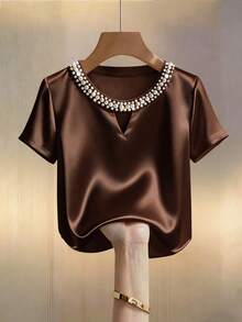 Ellegaria. Solid Satin V-Neck Pearl Embellished Gentle & Intellectual Women Short Sleeve T-Shirt - Brown - View 5
