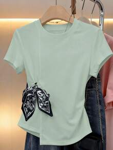 Franclia Women's Casual Tie-Front Cashew Print Short Sleeve T-Shirt - Green - View 5