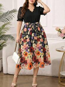 Reflora Plus Size Elegant Black Summer Tea Party Floral Print Dress For Women,Lace Patchwork Retro Wedding Guest Graduation Outfit,Casual Vacation Beach Dress - Multicolor - View 3