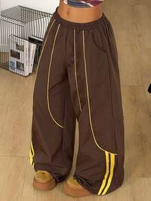 Coolane 女士休闲宽松撞色滚边裤 - 棕色 - 查看 2