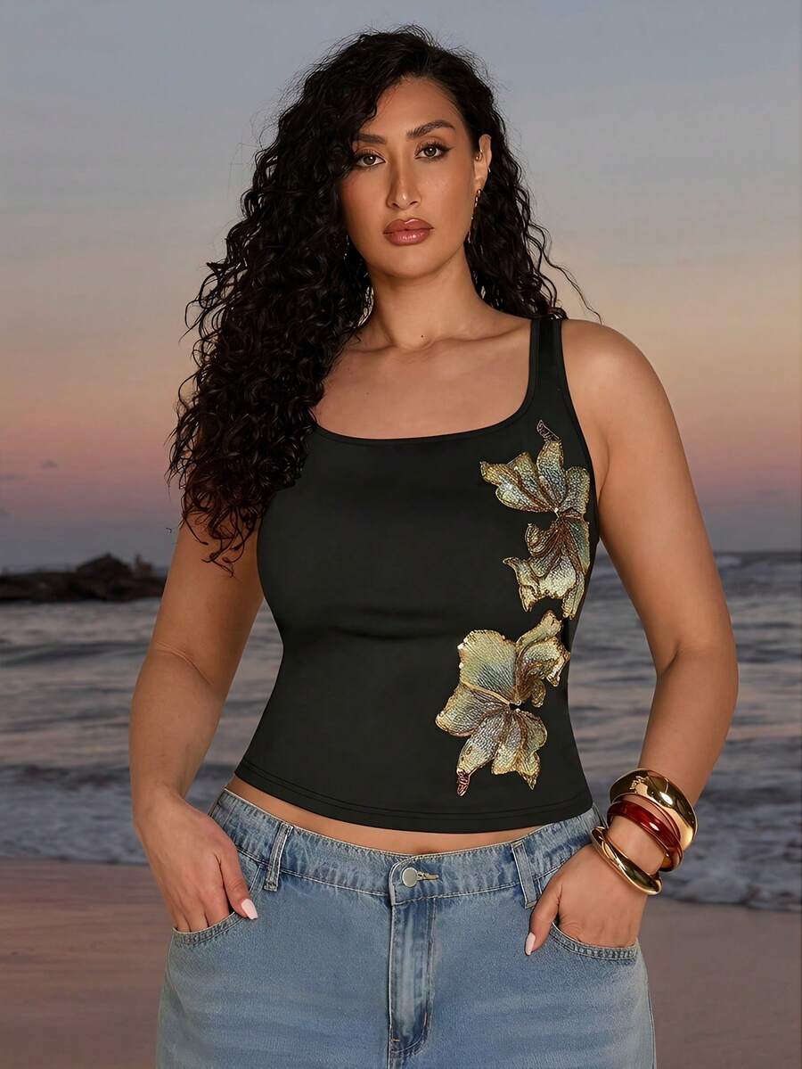 SHEIN BAE Áo camisole ôm dáng thanh lịch in hoa đính sequin dành cho nữ cỡ lớn