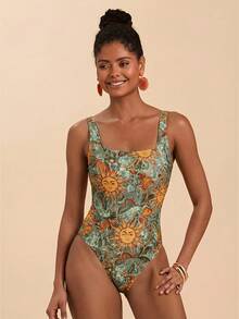 Travachic 1pc Women Abstract Line Star Print Square Neck One-Piece Swimsuit,Teal And Brown,Summer,Boho,Beach,Holiday,Holiday Bathing Suits For Vacation Outfits - Multicolor - View 4