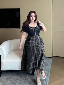Vibekara Gaun Longgar Model A-Line Motif Kotak-kotak Cokelat Tenun, Musim Semi/Panas - MultiWarna - View 3