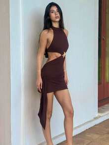 AmyJordy Đầm mini dáng suông, cổ yếm, khoét eo, kiểu boho, thích hợp cho kỳ nghỉ, mùa thu, phong cách vintage, màu nâu, thích hợp cho tiệc tùng. - màu nâu - Xem 6