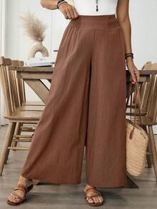 SHEIN LUNE Women's Casual Solid Color Shirred Waist Wide Leg Pants - Coffee Brown - View 5