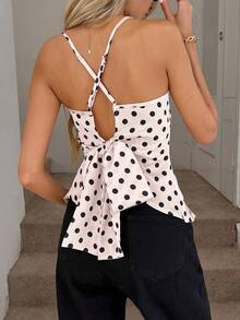 Easowa Nuevo top de camisola de verano con estampado de lunares de satén, espalda abierta y lazo, adecuado para vacaciones románticas, viajes intelectuales y uso diario - Rosa - Ver 3