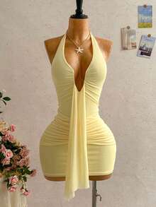 Soleia Plus Size Women's Vacation Spring/Summer Casual Dress, Sexy V-Neck Tie Halter Bowknot Ruched Mini Dress - Yellow - View 5