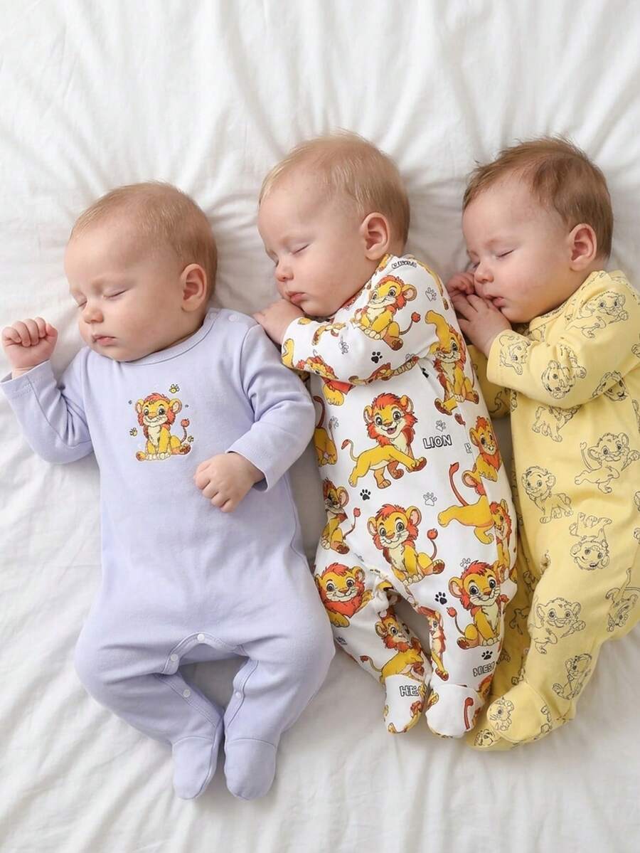 Bộ 3 món cho bé sơ sinh: áo liền quần dài tay và quần, họa tiết sư tử dễ thương, chất liệu vải dệt kim. - Nhiều màu - Xem 1