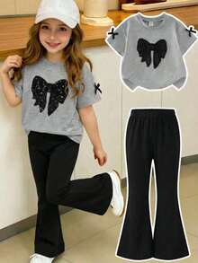 Elladie kids Girls (Small) Gray Short Sleeve Bow T-Shirt Top And Black Flare Pants Set, Casual Daily Fashion Outfit For Summer Squishy Summer Outfits Girls 2 Piece Trouser Set Young Girls Clothing Sets Girls Flared Pants Sets Childrens Fashion Set Girls Bow Top And Pants Set Toddler Girl Two Piece Outfit Kids Flared Pants Outfit Girls T-Shirt And Pants Girls Pant Sets Girls Bow Top And Flared Pants Girls T-Shirt And Pant Sets - Grey - View 1