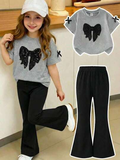 Elladie kids 女童（小号）灰色短袖蝴蝶结T恤上衣搭配黑色喇叭裤套装，夏季休闲日常时尚穿搭