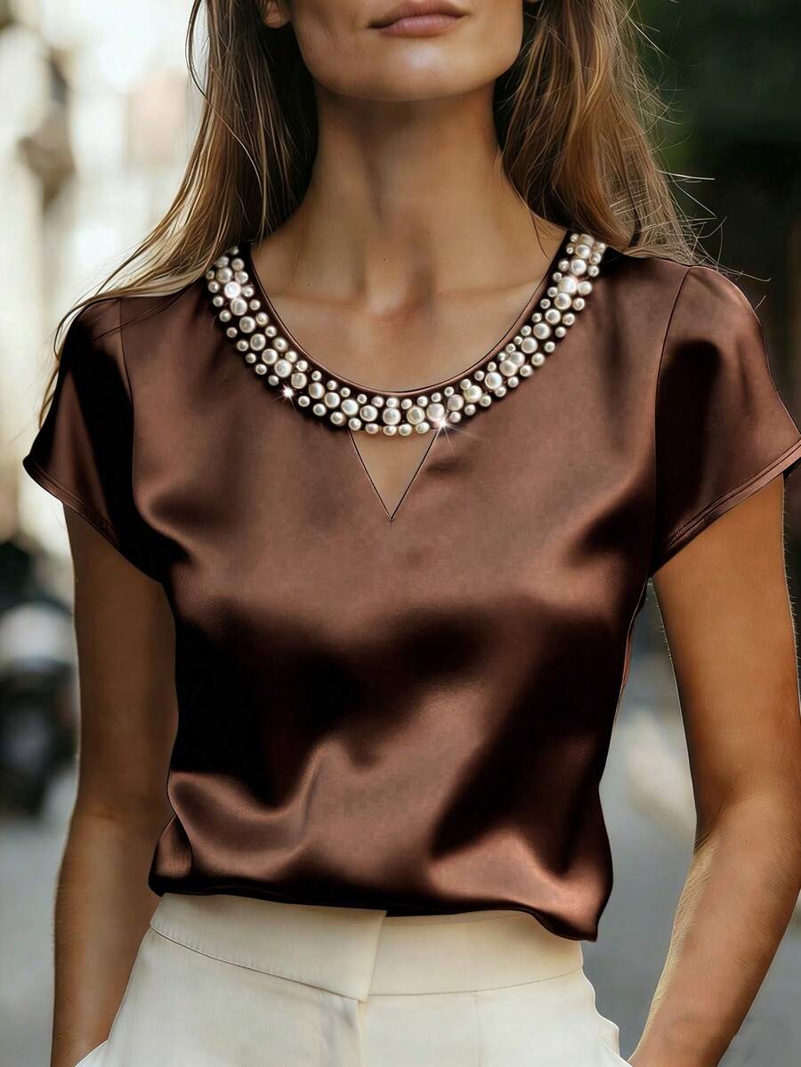 Ellegaria. Solid Satin V-Neck Pearl Embellished Gentle & Intellectual Women Short Sleeve T-Shirt - Brown - View 1
