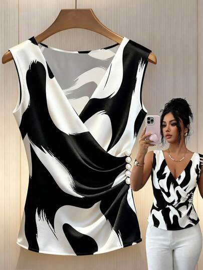 GlowEve CURVE Women's Black & White Abstract Graffiti Print V-Neck Side Ruched Pearl Decor Charming Elegant Casual Commute French Chic Streetwear Versatile Business Holiday Sleeveless Top, Black & White, Early Spring/Spring & Summer New