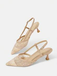 CUCCOO HITCHD 女士鞋 杏色蕾丝网面婚鞋伴娘尖头细跟宴会高跟鞋 - 杏色 - 查看 6