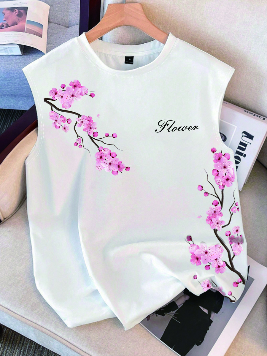 Manfinity Joysei 男士花卉字母印花极简圆领背心，休闲日常、度假、海滩穿着皆宜 - 白色 - 查看 1