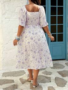 Sunnyshic Plus Size Romantic Boho Ditsy Floral Elastic Waist Fitted Short Sleeve Maxi Dress, Spring/Summer Tea Party White - White - View 2