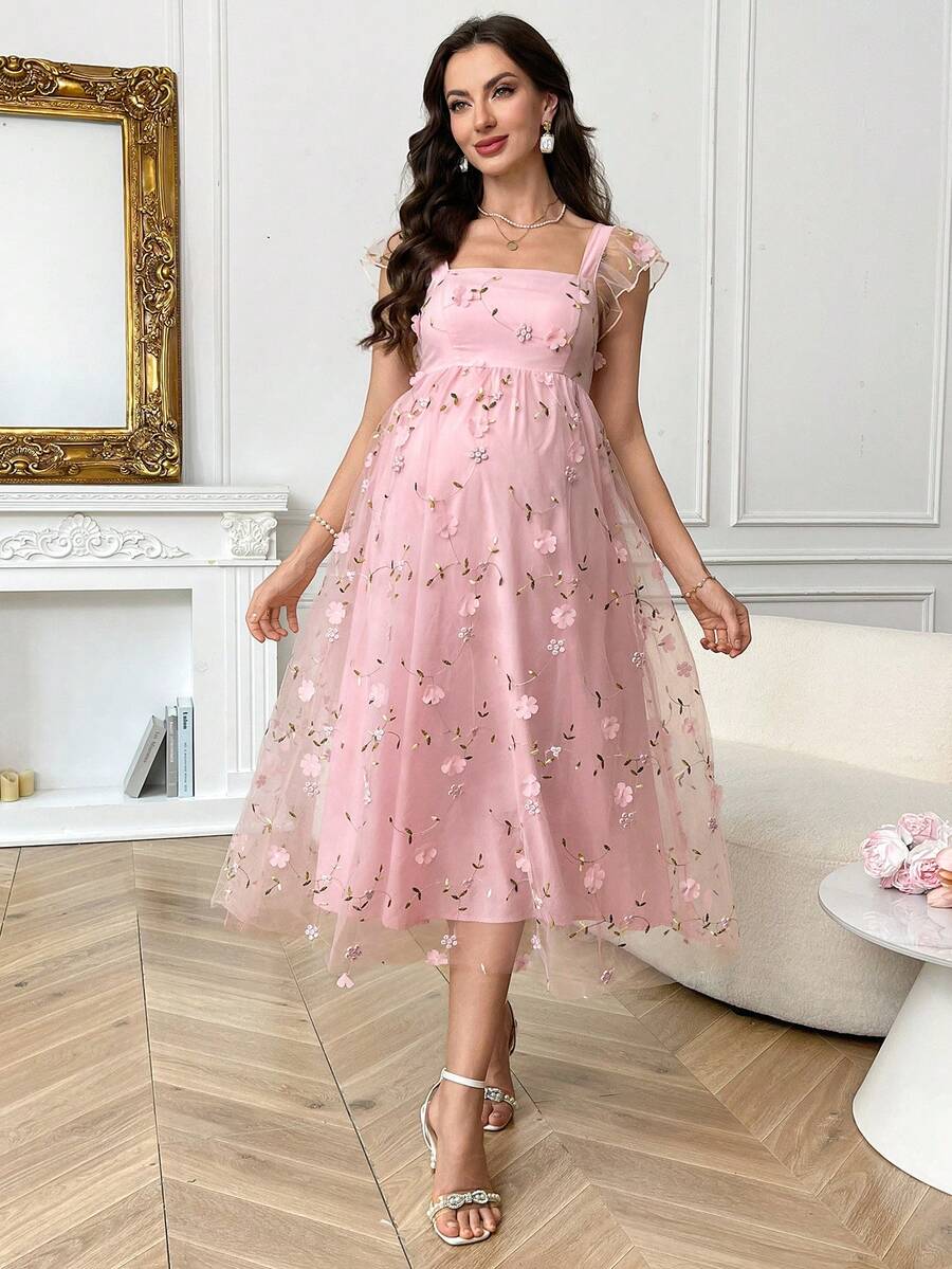 SHEIN 优雅孕妇花卉刺绣连衣裙 - 粉色 - 查看 1