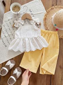 SHEIN 女婴夏季可爱黄色条纹吊带背心和松紧腰裤套装 - 黃色 - 查看 5