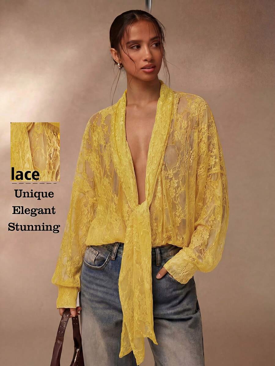 SHEIN Glamour 薄纱蕾丝衬衫,棕色蕾丝女式衬衫 - 黃色 - 查看 1