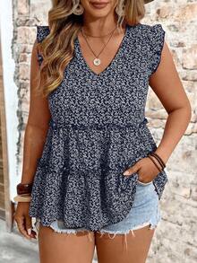 EMERY ROSE Blusa elegante de talla grande tejida con estampado floral, cuello en V, mangas volantes y ribete de volantes, adecuada para vacaciones, exteriores, uso diario, primavera/verano - Azul Marino - Ver 1
