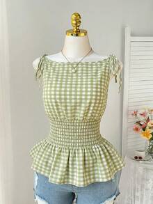 SHEIN Comfortcana 大码女式度假风印花荷叶边下摆肩部系带时尚上衣 - 綠色 - 查看 6