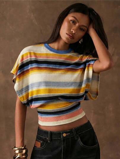 SHEIN BAE Women's Retro Color-Blocked Striped Print T-Shirt, Suitable For Outings, Street Style, Airport Outfits, Chic, Work Commutes, Vacations At The Beach, Romantic And Elegant Looks, Wedding Parties, Music Festivals, And Holidays.