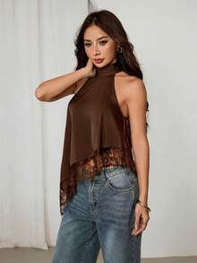 SHEIN PETITE Áo kiểu yếm cổ cao bất đối xứng với viền ren, thích hợp cho tiệc tối, cocktail, trang trọng, thanh lịch, không tay, đi chơi đêm, dự tiệc cưới, mùa hè, thu, kiểu trễ vai. - màu nâu - Xem 10