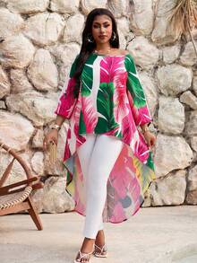 SHEIN Lady Plus Size Women's Autumn Boho Vacation Holiday White Tropical Print Lantern Sleeve Asymmetrical Hem Loose Blouse,Beach Summer Casual Floral Outfits - Multicolor - View 5
