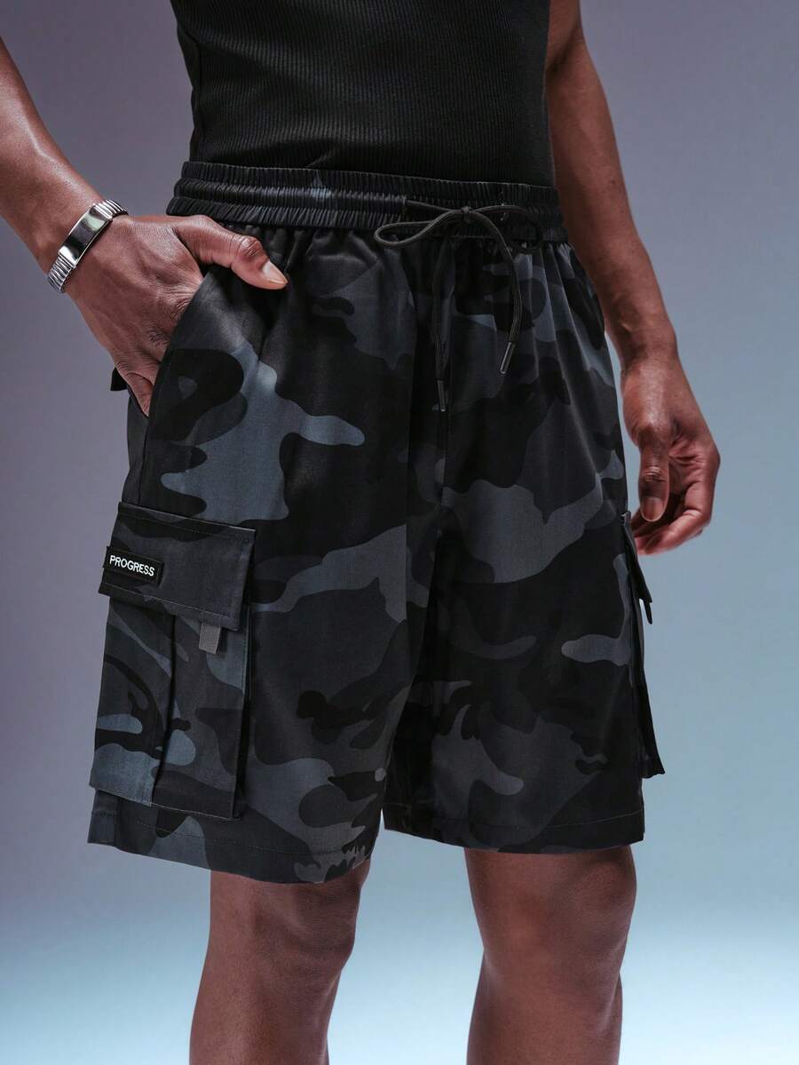 STYNVO Quần short cargo nam mùa hè, kiểu dáng thường ngày, họa tiết rằn ri, cạp chun, có dây rút. - màu đen - Xem 1