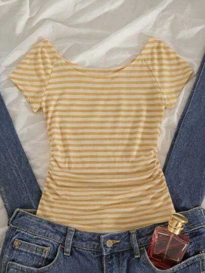 Glimmora 条纹数码印花时尚简约女式短袖T恤，送朋友的礼物