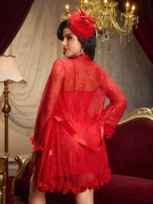 2pcs Set: 3D Floral Lace Robe + Fishbone Waist Design Lace Camisole Nightgown Red Lace Lingerie Lingerie Robe Set Red Lingerie Set Two Piece Lace Lingerie - Red - View 3
