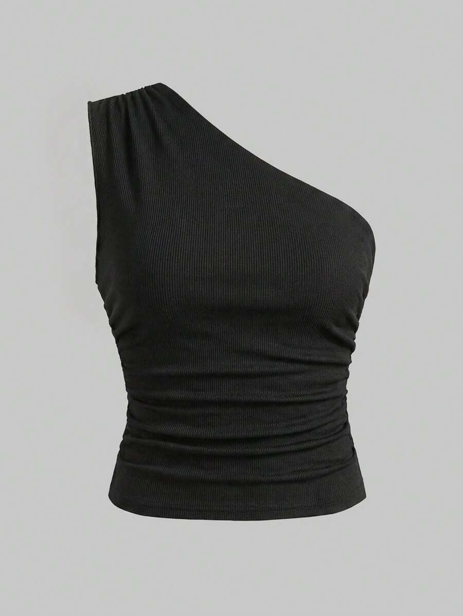 SHEIN Girlism Camiseta sin mangas casual con cuello de halter y drapeado de unicolor para adolescentes - Negro - Ver 1