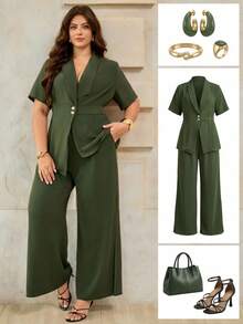 Roveilla Women's Plus Size Army Green 2 Pieces Set, Elegant Summer Formal Asymmetric Hem Sleeveless Blazer Jacket Slit Hem Pants, Office Work Business Outfit - Army Green - View 1