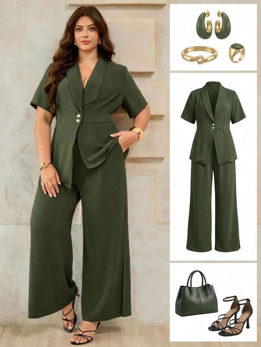 Roveilla Women's Plus Size Army Green 2 Pieces Set, Elegant Summer Formal Asymmetric Hem Sleeveless Blazer Jacket Slit Hem Pants, Office Work Business Outfit - Army Green - View 1