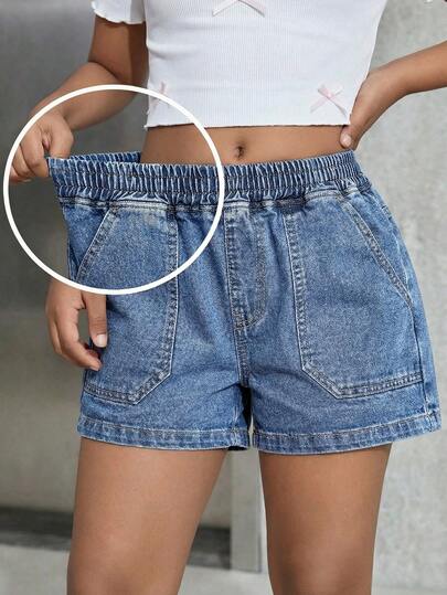 Loose Fit Washed Blue Denim Shorts For Tween Girl, Comfortable Casual Vacation School Style! Stretchy Medium Washed Blue Denim Fabric, Elastic Waistband Design + High-Waisted Silhouette, Perfectly Fits Figure For Stylish Long Legs Look. Suitable For Daily Outings, Campus Casual, Back To School Season, Vacation Strolling, And More To Become A Street Style Enthusiast!