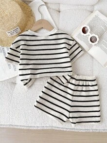 Baby Girl Knitted Striped Round Neck T-Shirt And Shorts ,3 Sets, Get 1 Set Random - Black and White - View 5