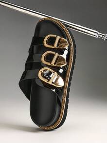 Solezae Sandalias planas de mujer con correa triple hebillada, de estilo minimalista y cómodas - Negro - Ver 7