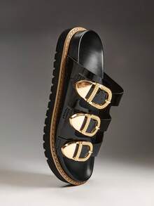 Solezae Sandalias planas de mujer con correa triple hebillada, de estilo minimalista y cómodas - Negro - Ver 8