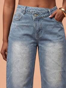 Quần jeans ống loe cạp lệch màu xanh nhạt - Rửa nhẹ - Xem 3