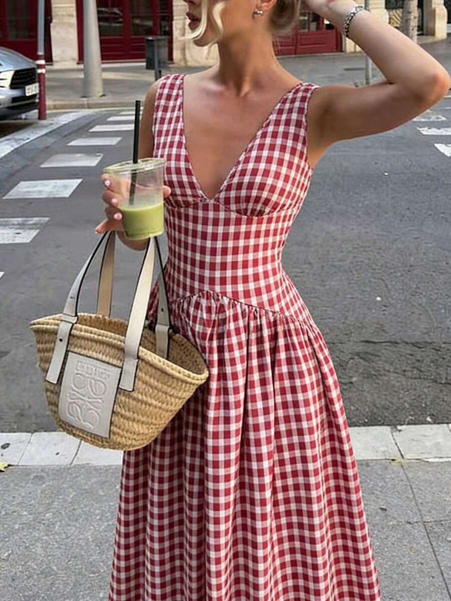 SHEIN PariChic 红色格子吊带连衣裙，优雅夏季度假装，时尚派对服饰 - 紅白色 - 查看 1